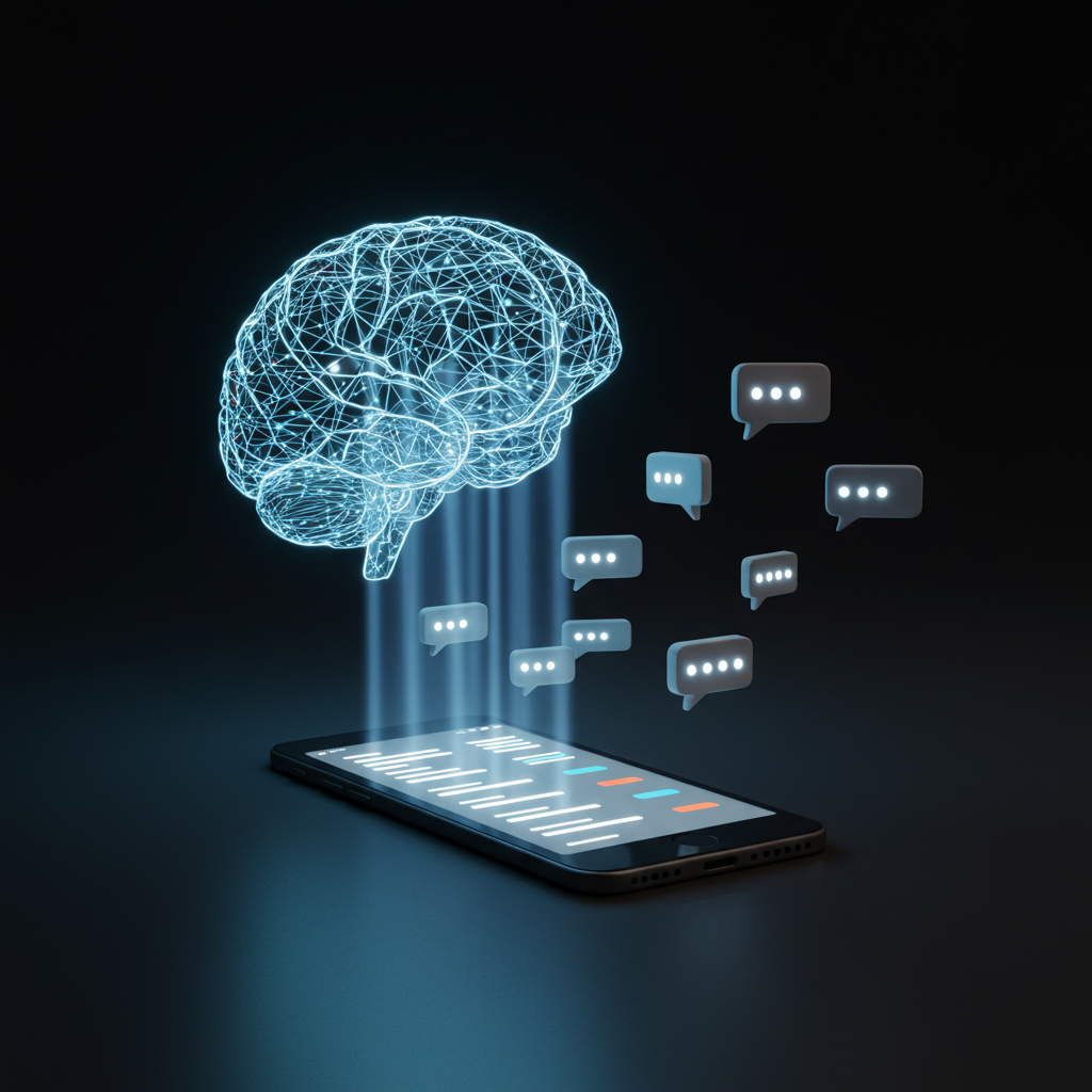 A smartphone with chat bubbles rising out of it and into a glowing AI brain, symbolizing how the Claude AI app builder turns conversation into creation.