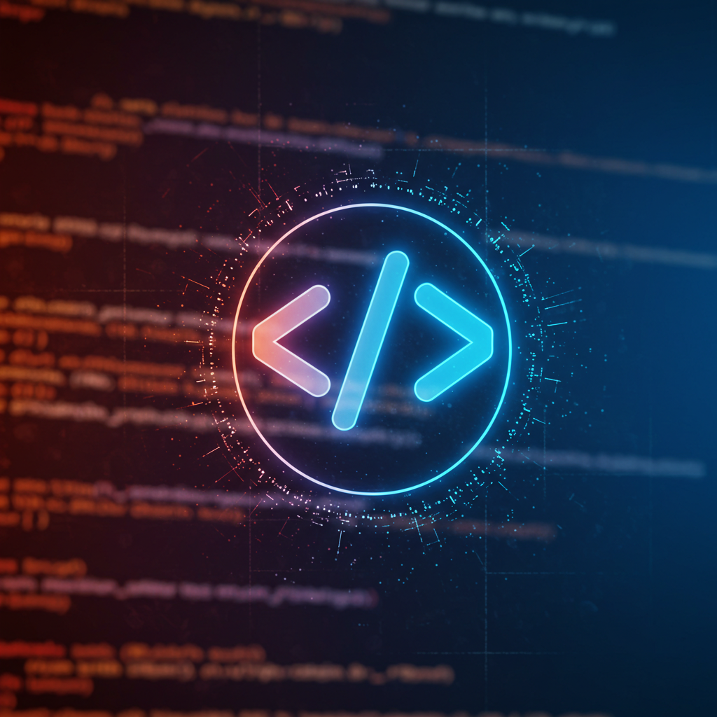 A glowing blue code symbol representing the Google Gemini CLI, an AI assistant for developers, shown over a background of computer code.