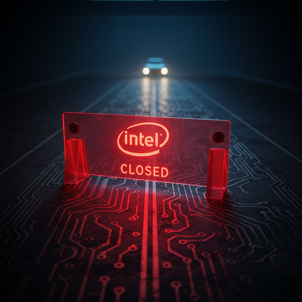 A glowing red 'Closed' sign with the Intel logo blocking a road made of circuit boards, symbolizing the shutdown of Intel's automotive division.