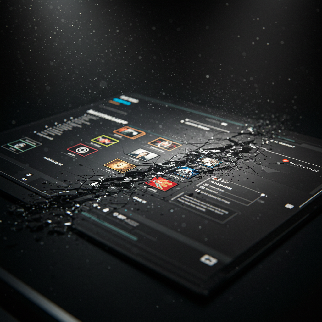A sleek digital roadmap for the MindsEye game shattering like broken glass, symbolizing the studio layoffs and collapse of its ambitious plans.