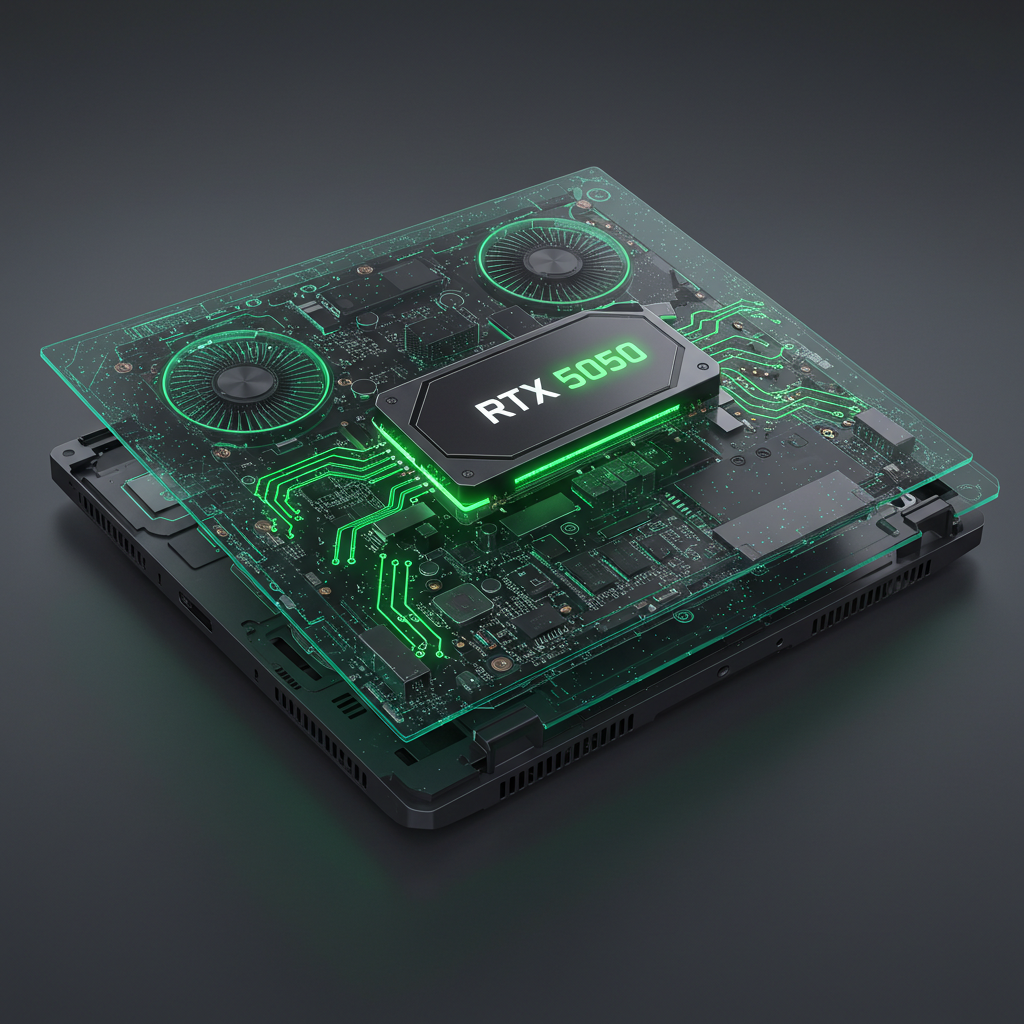 The internal layout of a gaming laptop, showing the new NVIDIA RTX 5050 GPU glowing with green lights and intricate circuitry.