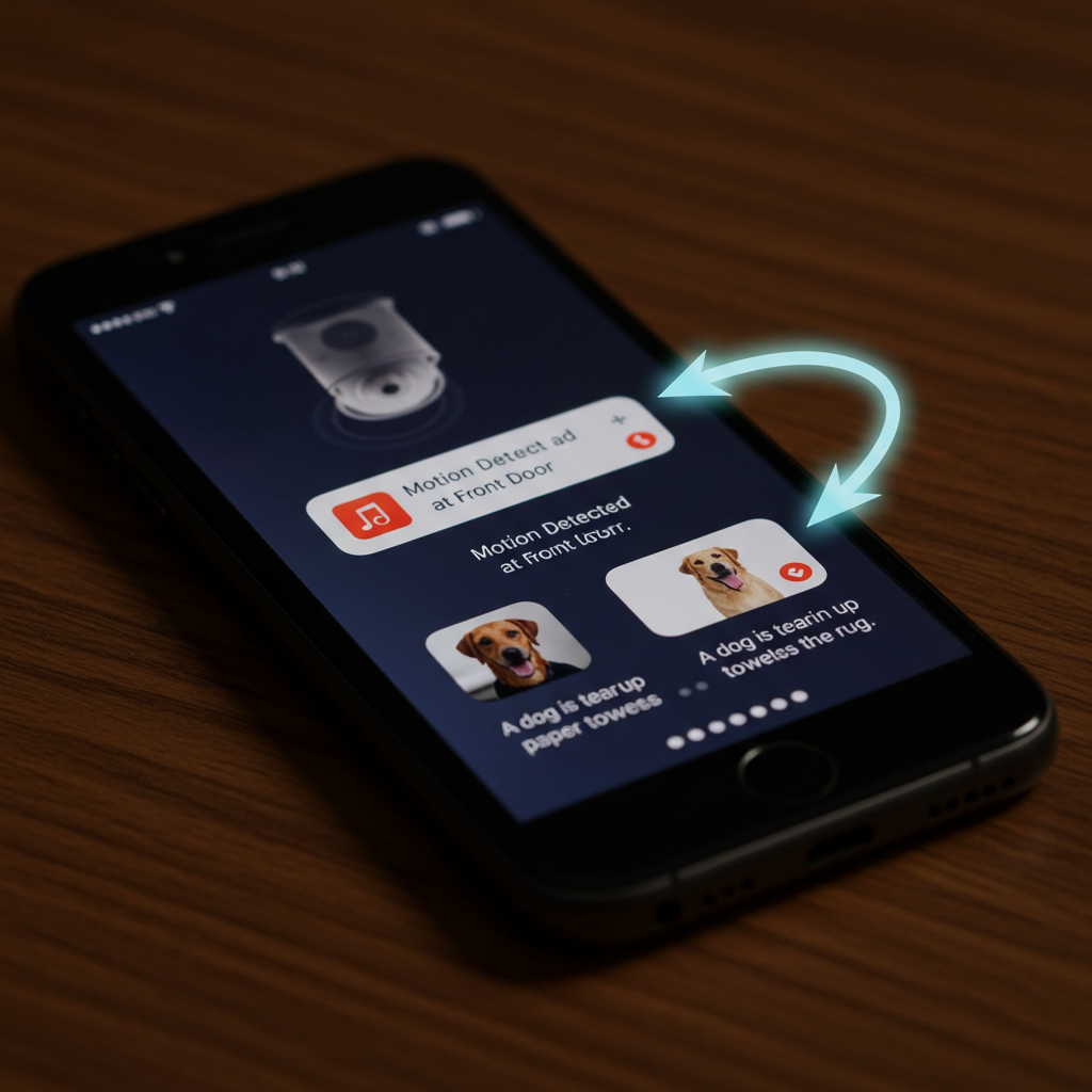 A smartphone showing how Ring Video Descriptions transforms a generic 'Motion Detected' alert into a specific AI-generated alert with an image and text.