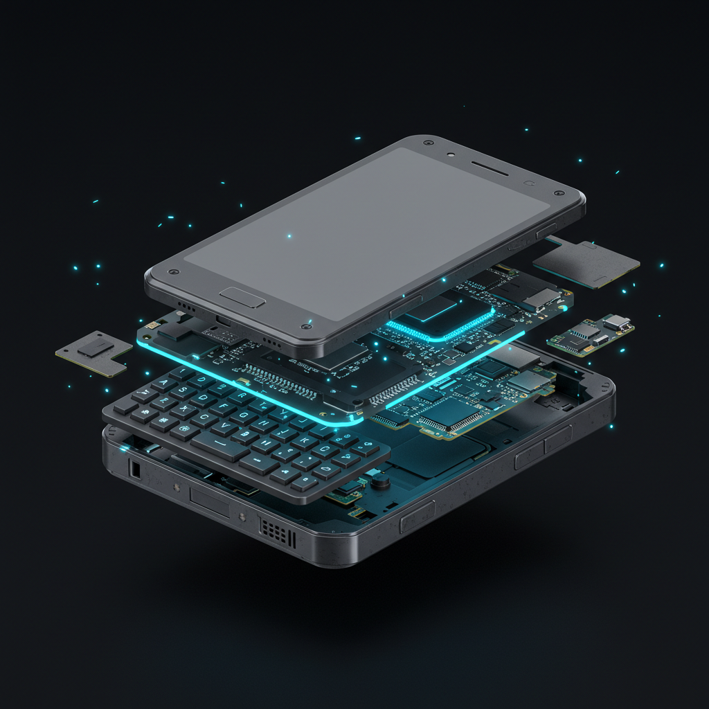 A technical exploded view of the Unihertz Titan 2 smartphone, showing its internal components like the physical keyboard and glowing motherboard.