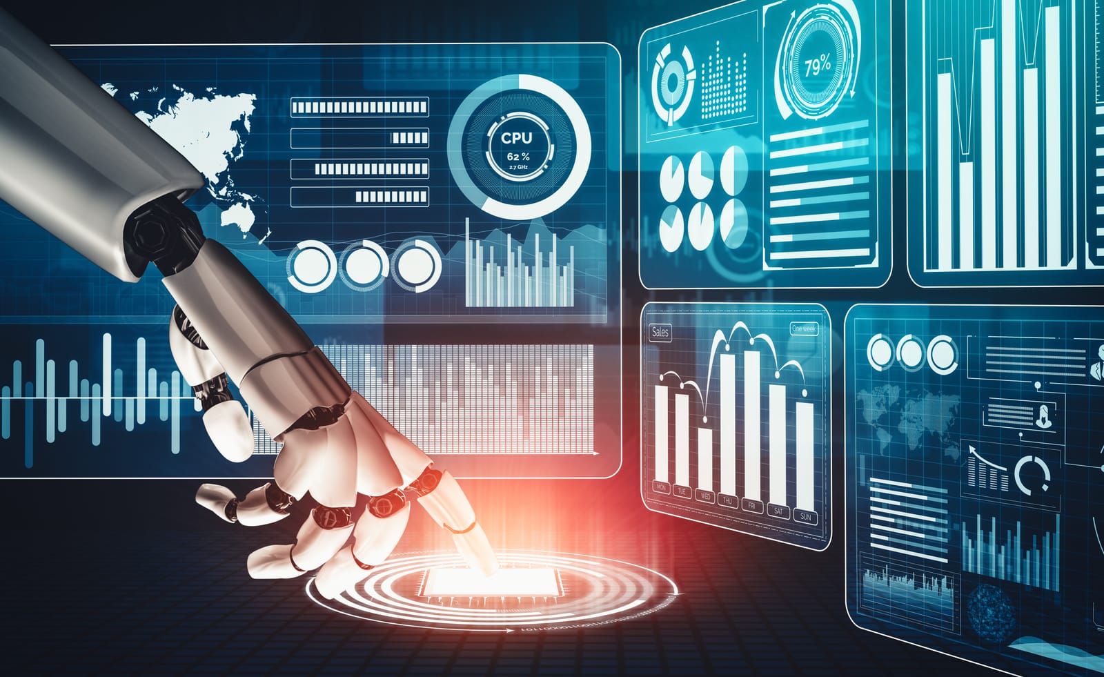 A futuristic robotic hand touching a glowing CPU, with holographic screens in the background displaying data charts, symbolizing advanced prompt engineering and AI interaction.