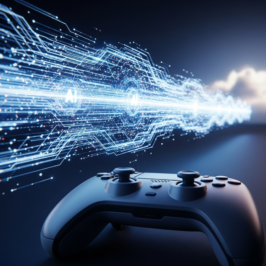 A game controller with a massive stream of digital data flowing from it, symbolizing the power and speed of AI in cloud gaming.