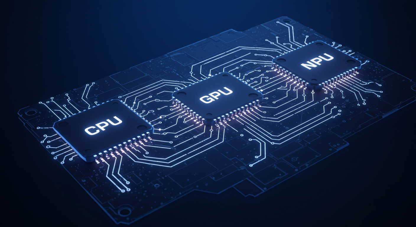 A circuit board showing the new trinity of AI hardware: three chips labeled CPU, GPU, and NPU, with glowing lines connecting them.