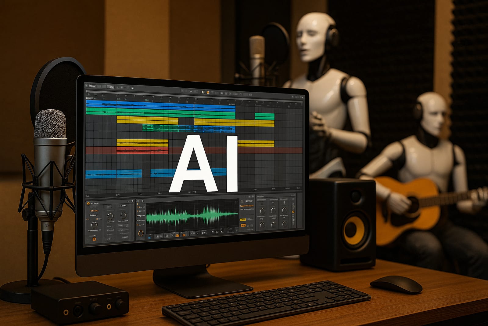 A music studio with two humanoid robots and a computer screen showing AI music software, illustrating the debate on AI music copyright.