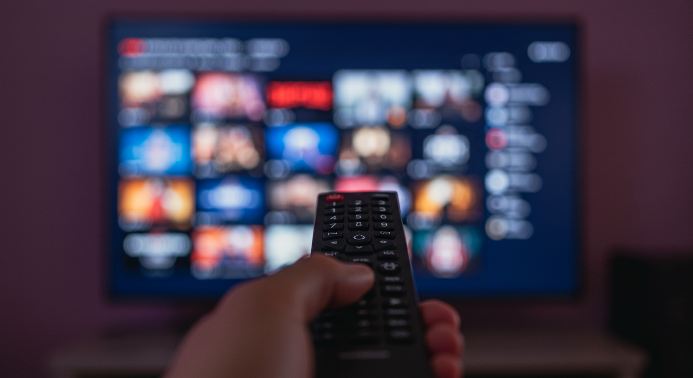 A person holding a TV remote and pointing it at a screen showing a grid of the best streaming services in Canada