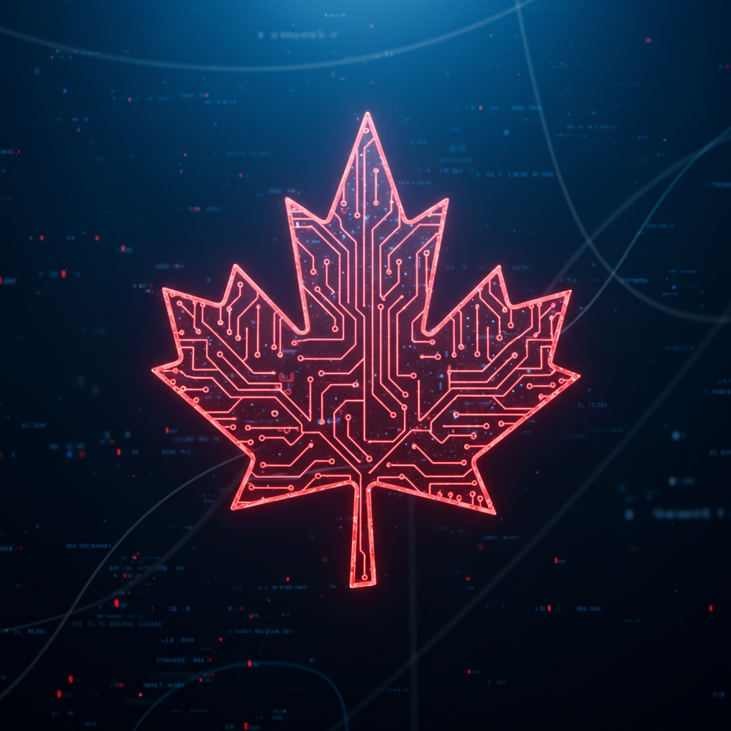 A glowing red maple leaf made of digital circuit board traces, symbolizing Canada's technology and AI legislation (AIDA), on a dark blue digital background