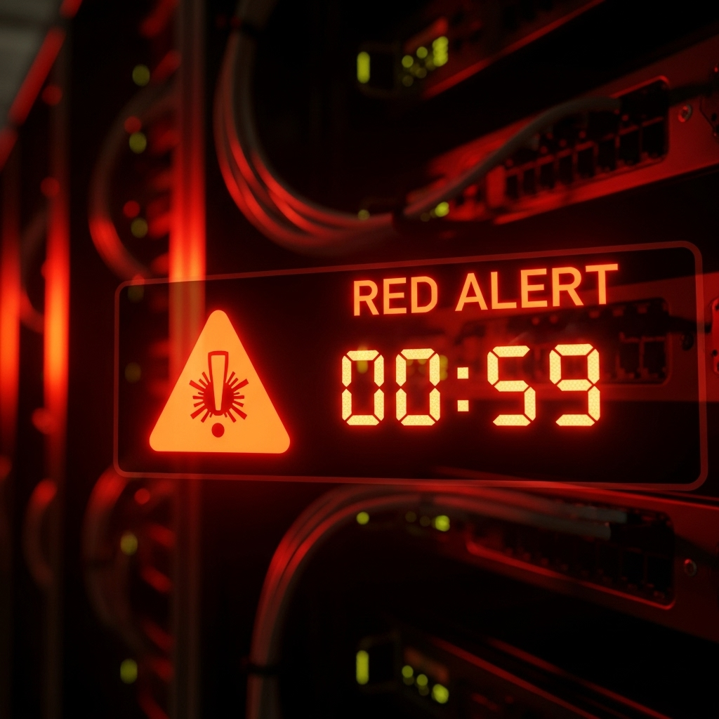 A glowing red digital sign displays "RED ALERT" and a countdown timer in a dark server room, representing a critical cybersecurity warning from CISA.