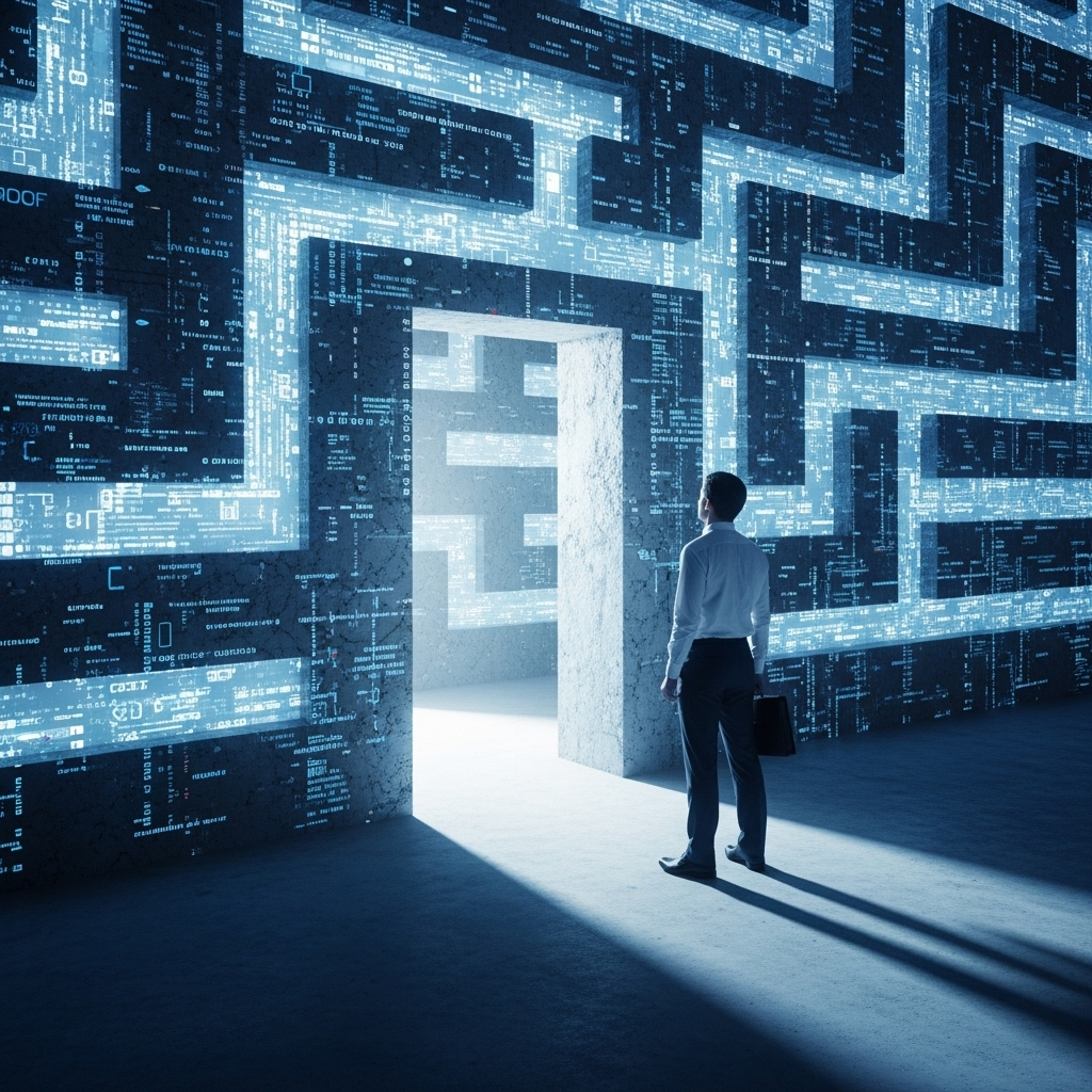 A businessman with a briefcase stands at the entrance to a vast digital labyrinth, contemplating the complex technological path ahead.
