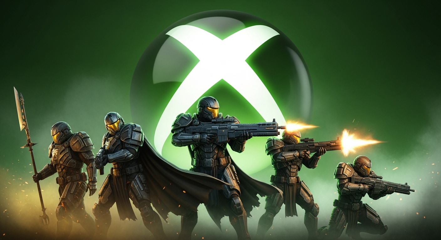 A squad of Helldivers stand ready for battle in front of a giant, glowing green Xbox logo, symbolizing the official launch of Helldivers 2 on Xbox.