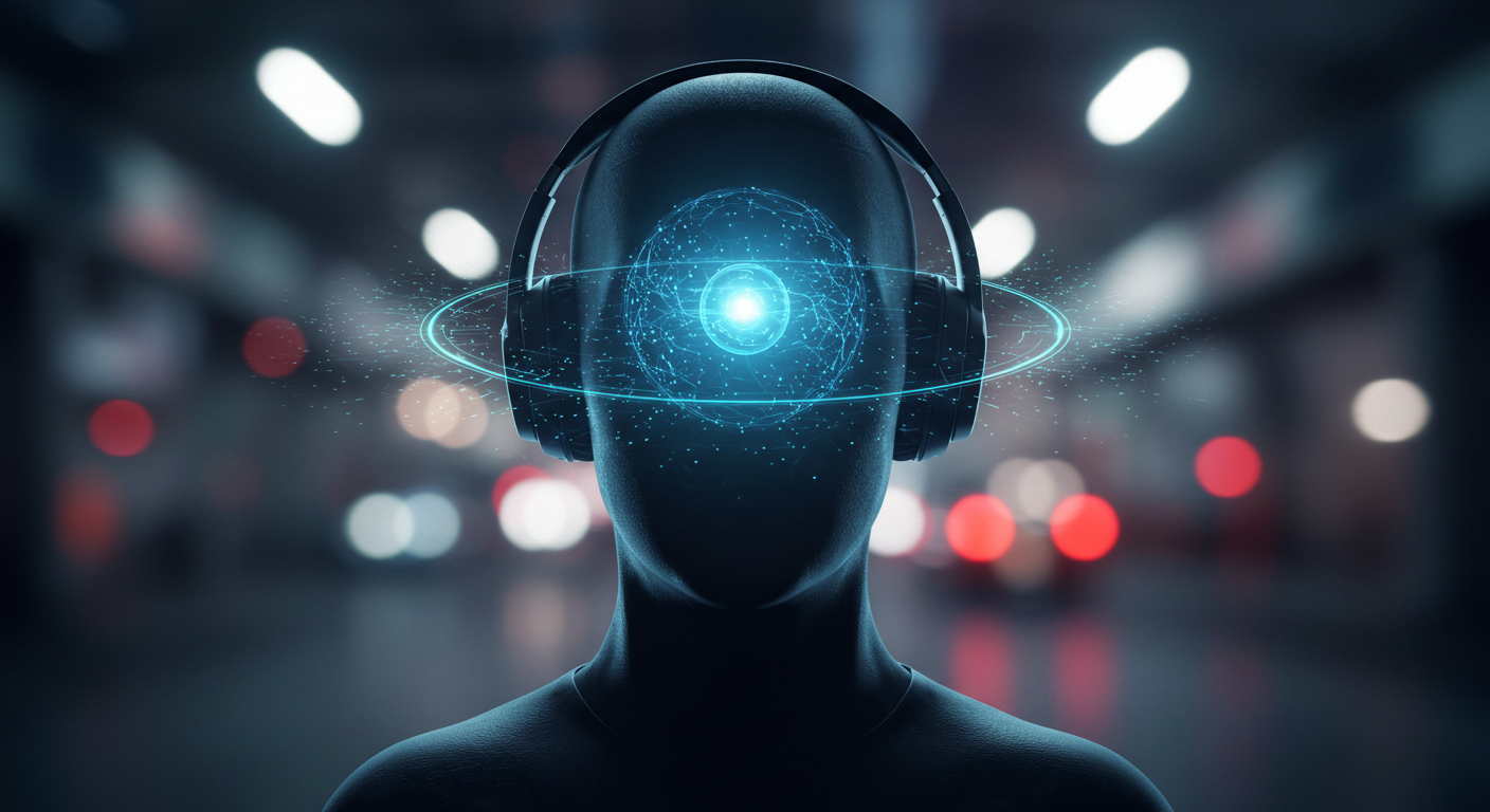 Conceptual image illustrating how noise cancellation works, showing a person in a bubble of silence created by headphones