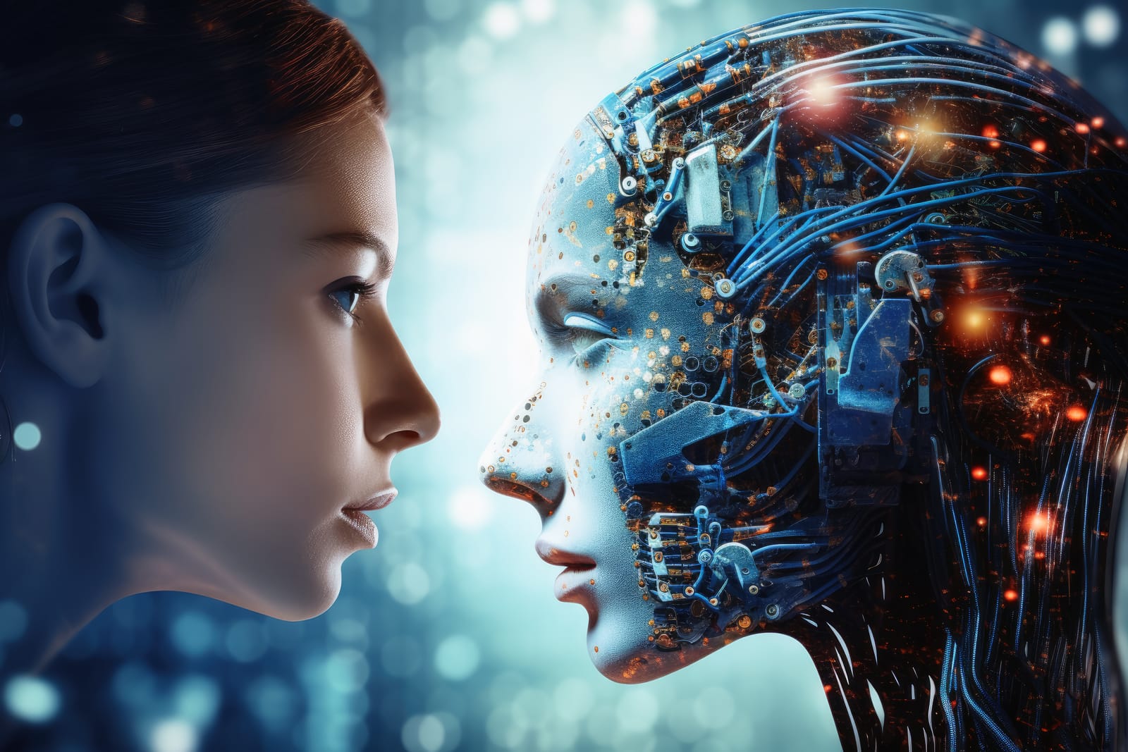A symbolic image of a human face and a robotic AI face looking at each other, representing the growing relationship between humans and AI companions.