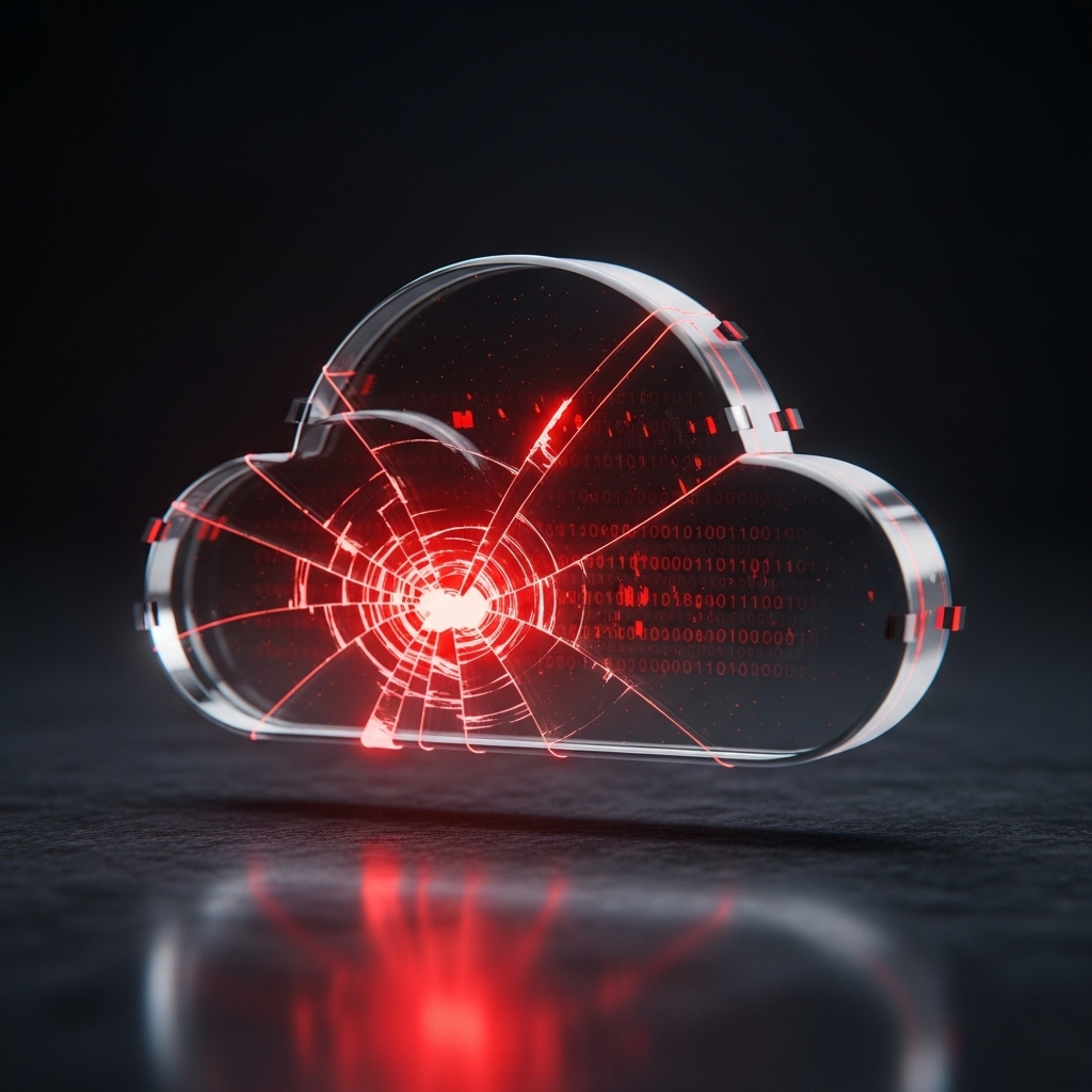 A glass iCloud logo shattered with red light glowing from the cracks, symbolizing the security risks of the 2025 iCloud hack.