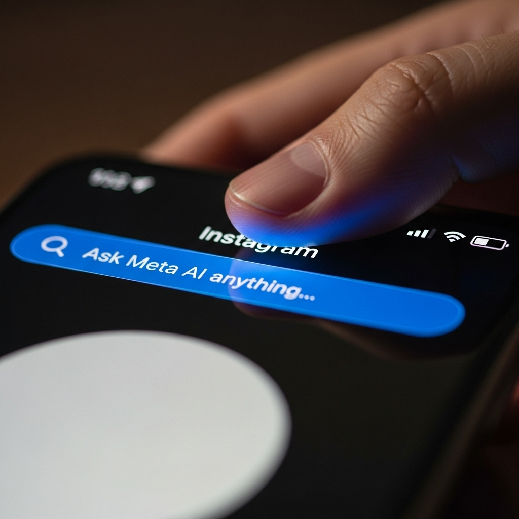 A close-up of the Instagram search bar showing the new 'Ask Meta AI anything...' prompt, explaining what Meta AI is.