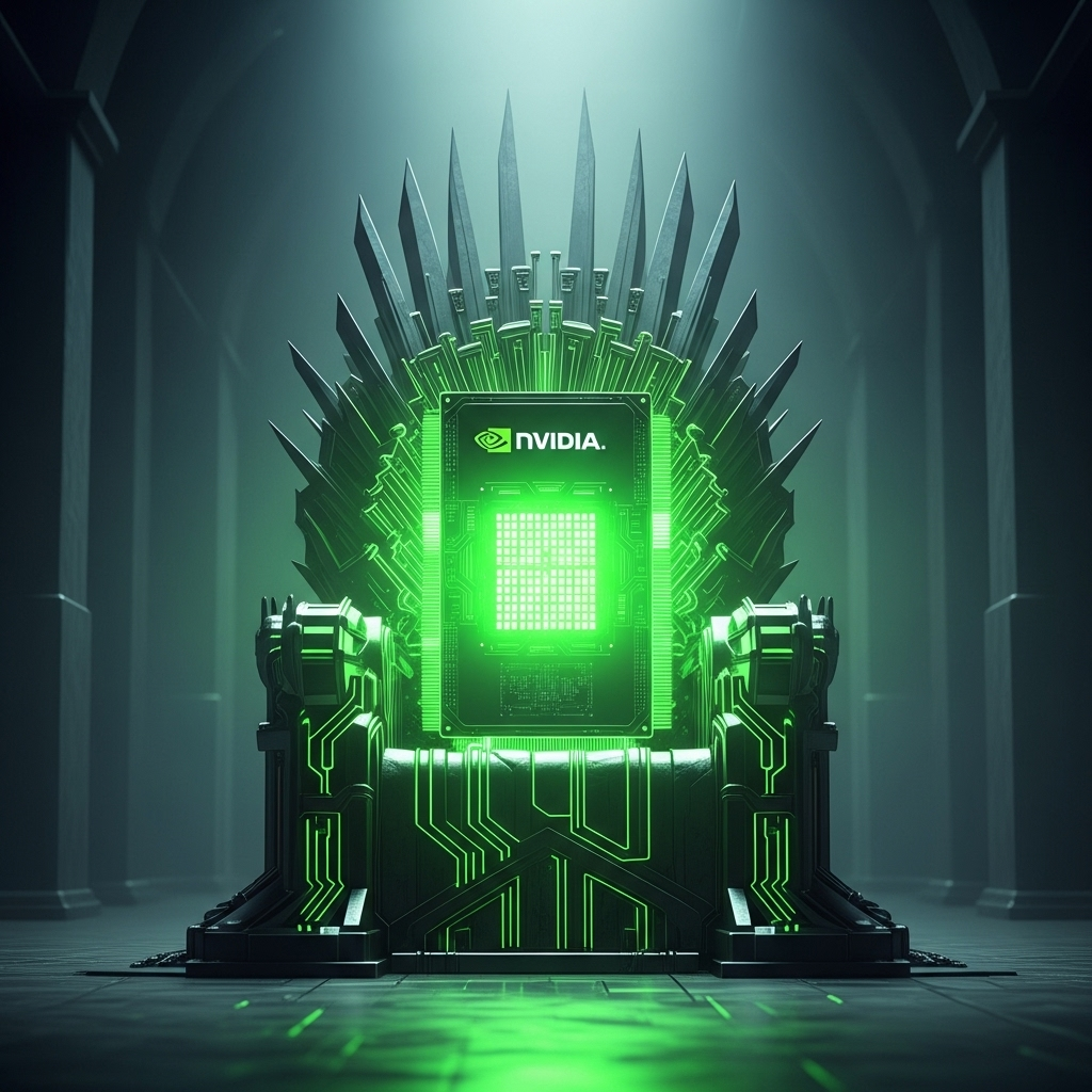 An NVIDIA GPU sitting on a throne, symbolizing NVIDIA becoming the world's most valuable company through its dominance in AI chips.