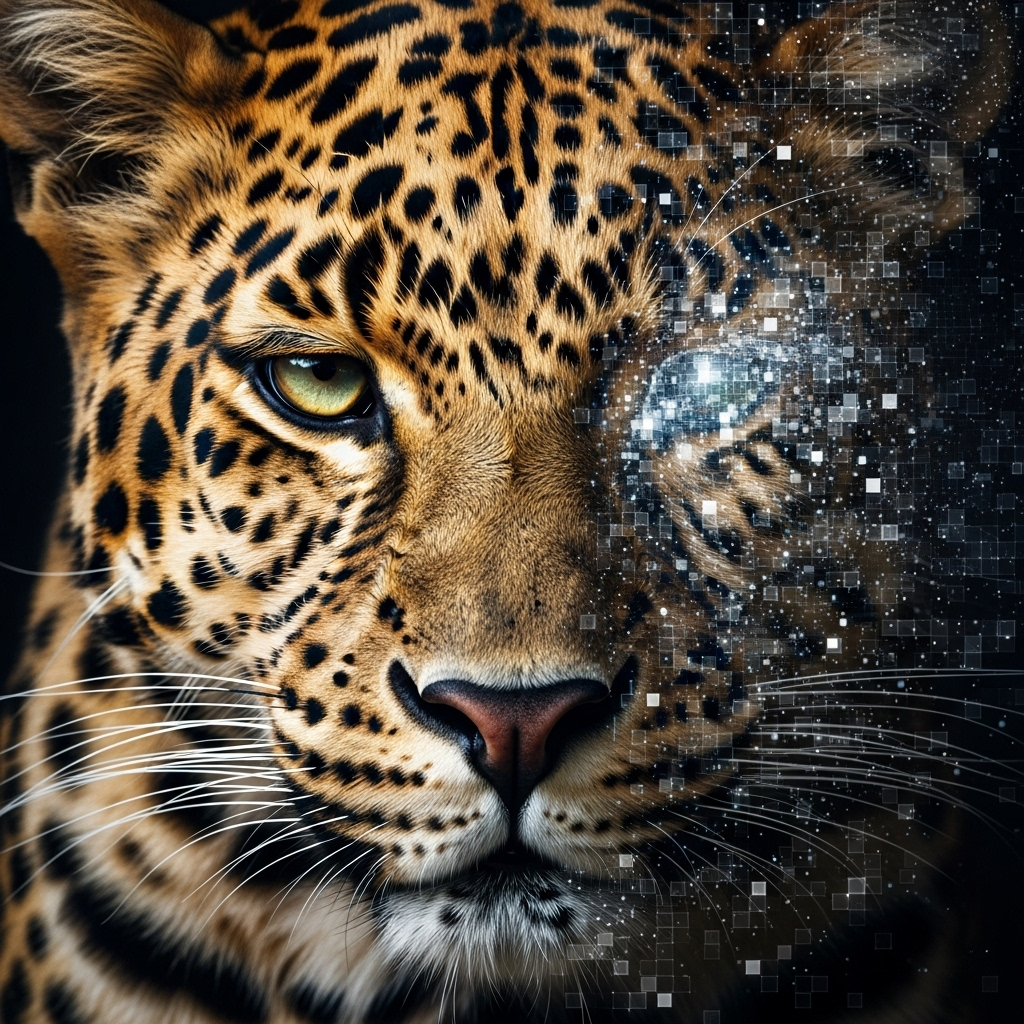 A leopard's face, half photorealistic and half dissolving into digital pixels, symbolizing the precise image editing of OpenAI's Creative Control.
