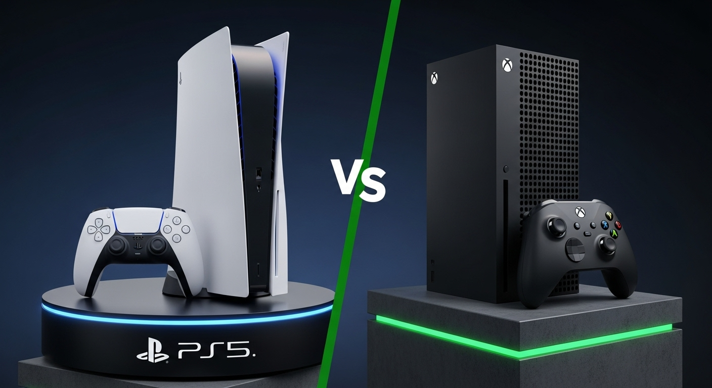 A PlayStation 5 and an Xbox Series X console face each other with a 'Vs' logo, representing the comparison between the PS5 Pro and next-gen Xbox hardware strategies.