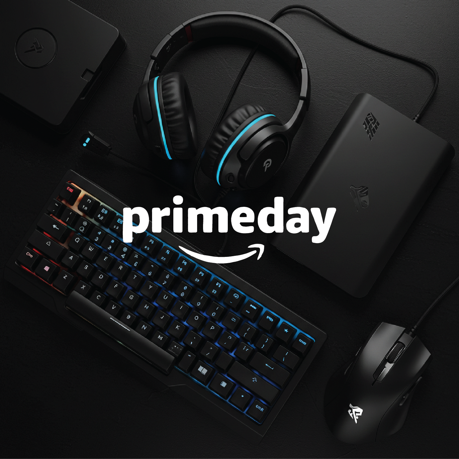 A collection of PC gaming gear, including a keyboard, mouse, and headset, promoting the best Prime Day PC gaming deals.