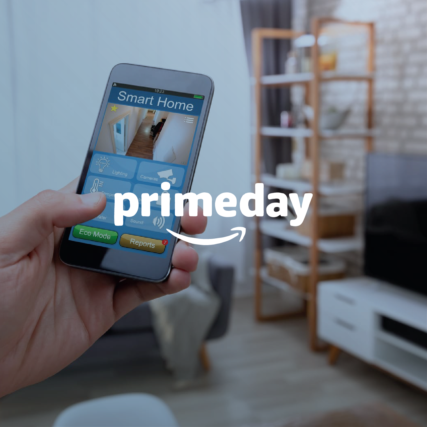 A person holding a smartphone with a smart home control app, showcasing the best Prime Day smart home deals.