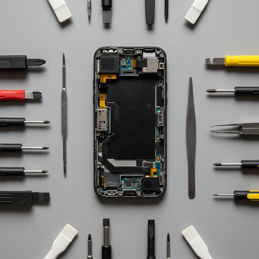 A top-down photo of a disassembled smartphone laid out on a grey background, neatly surrounded by a full kit of precision repair tools, illustrating the right to repair.