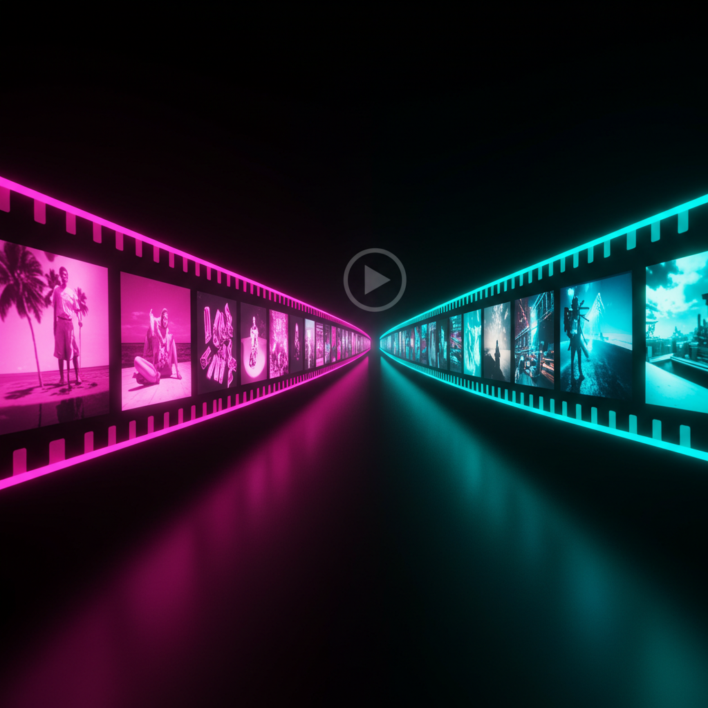 Two glowing film strips racing towards a play button, symbolizing the competitive AI video showdown between Runway vs Sora.