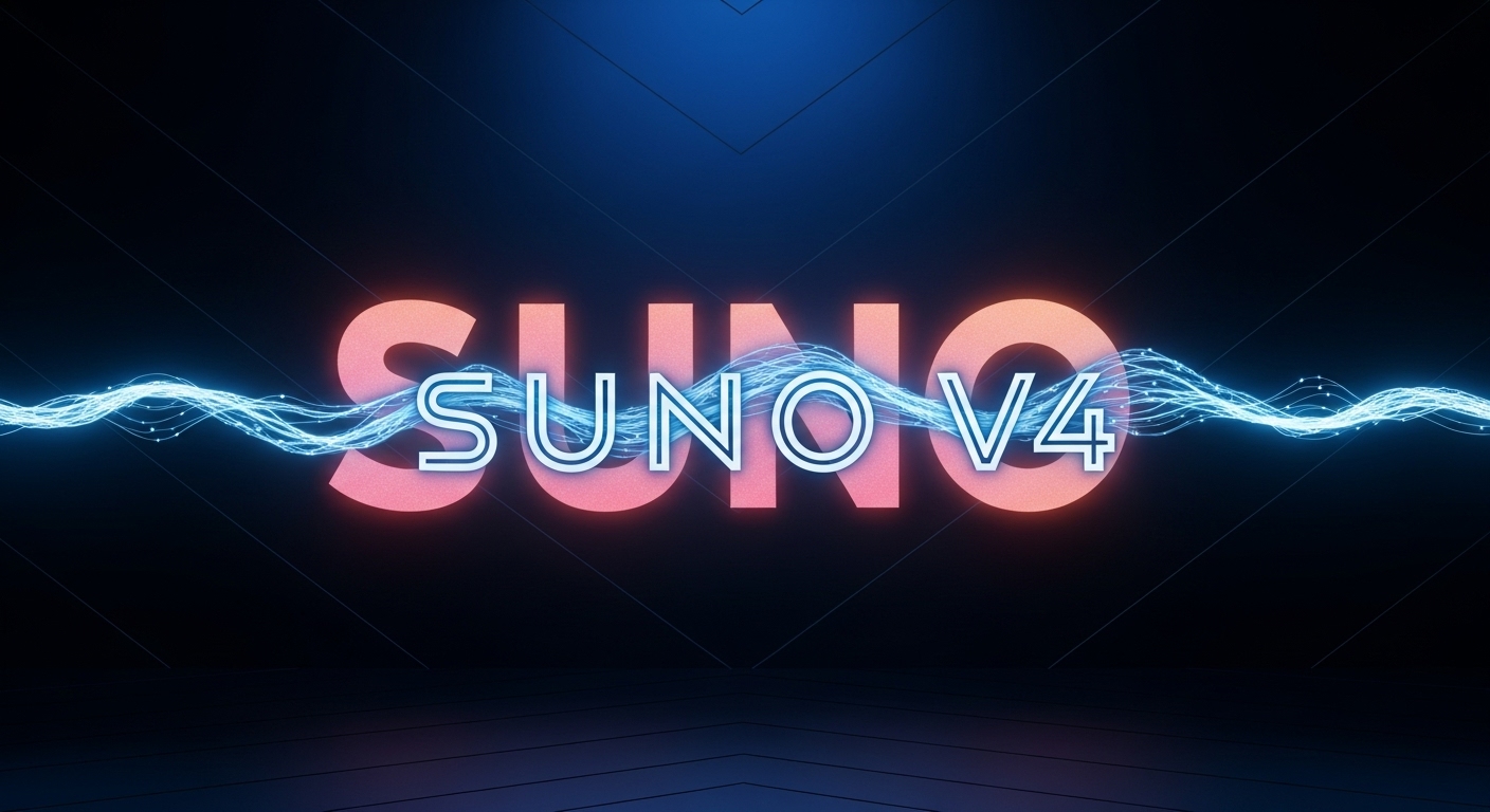 The official logo for Suno V4, a powerful new AI music generator, shown with a futuristic glowing font and a line of electric energy.