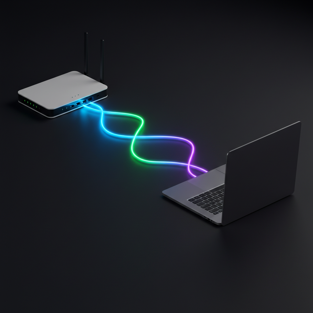 A router and a laptop connected by a glowing, multi-colored stream of light, symbolizing the Multi-Link Operation (MLO) feature of Wi-Fi 7.