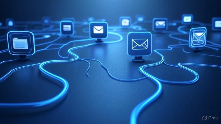 Conceptual image of Windows Flow, with glowing blue lines connecting app icons to represent AI workflow automation