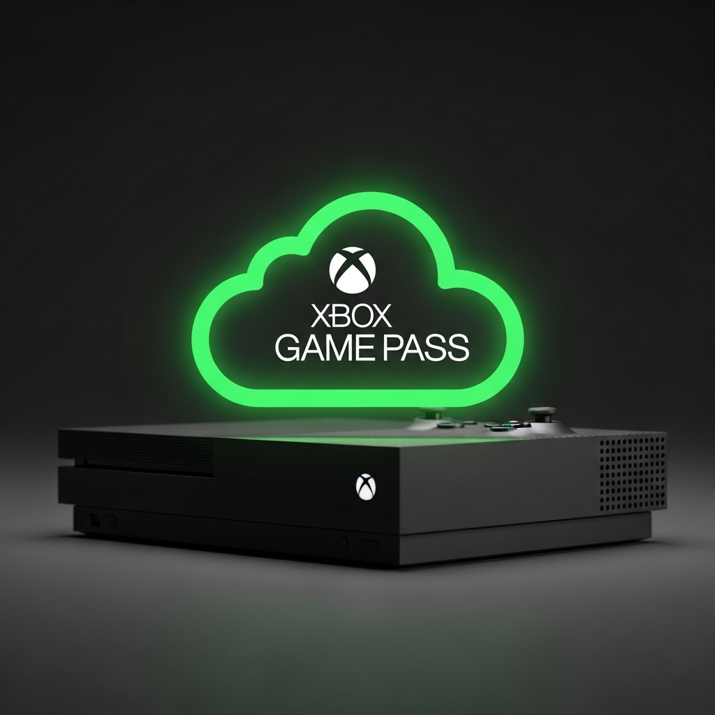 An Xbox console sits in the background while a glowing green Xbox Game Pass cloud icon is featured prominently, symbolizing the strategic shift from hardware to services amidst recent layoffs.