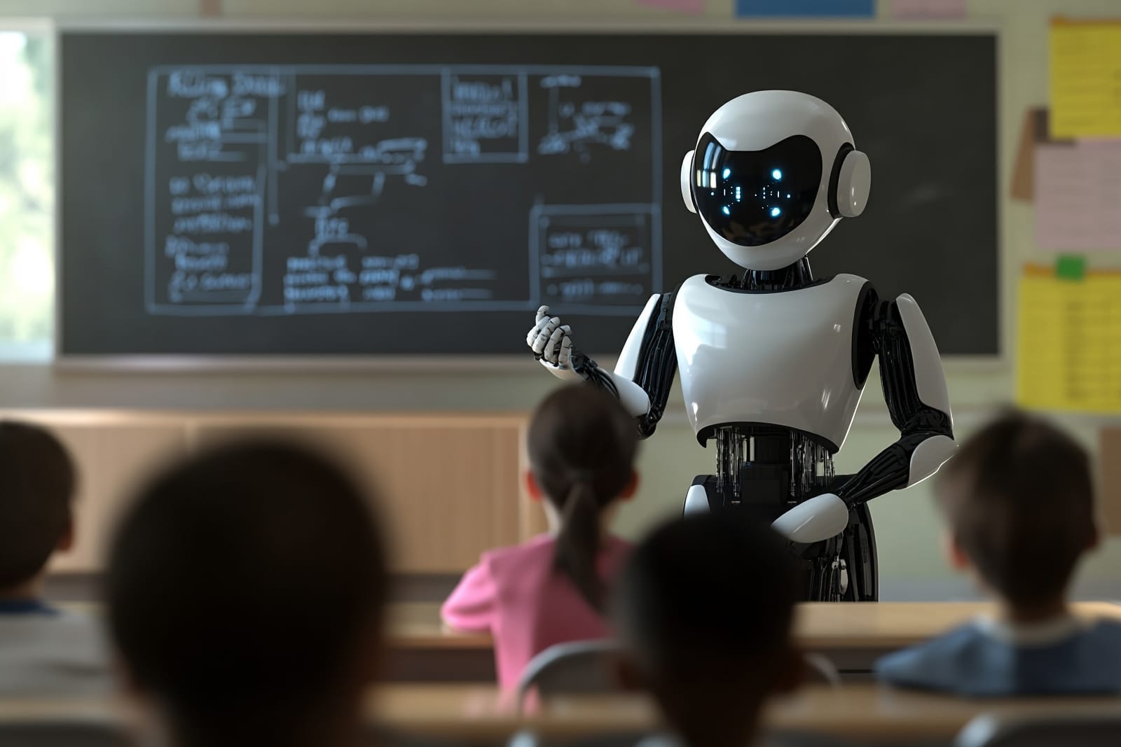 A friendly white robot teacher stands in front of a classroom of children, representing the role of AI in education.