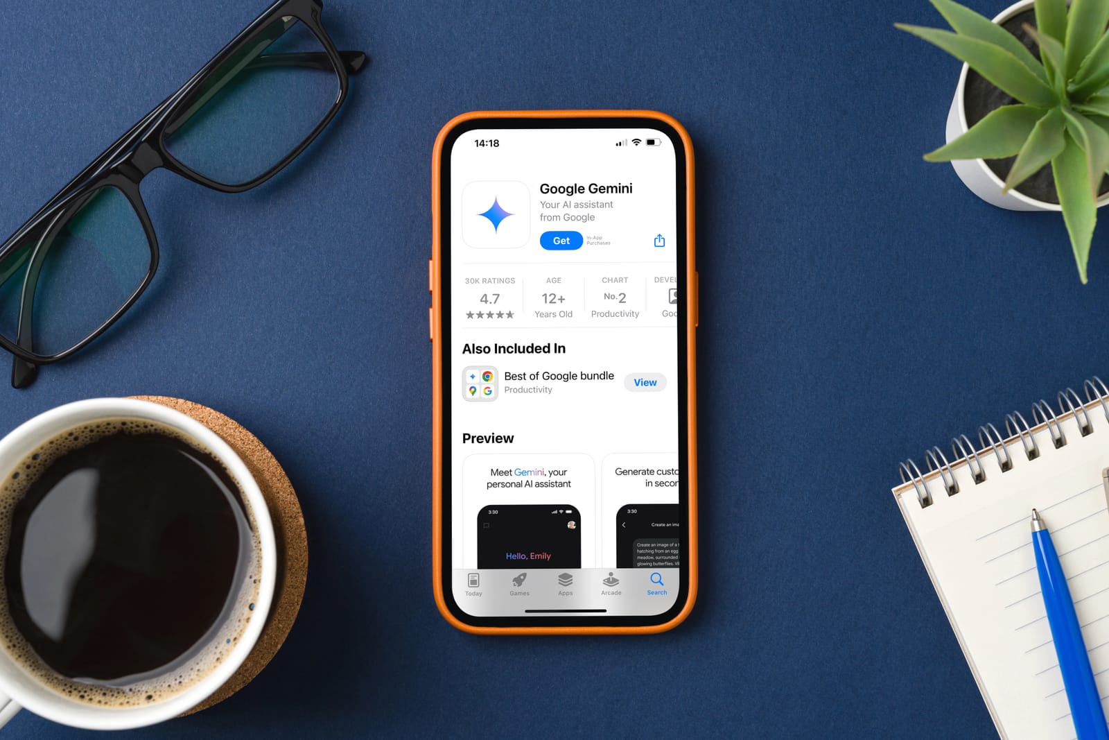 A smartphone displays the Google Gemini app listing in the app store, representing Google's move to integrate AI into search.