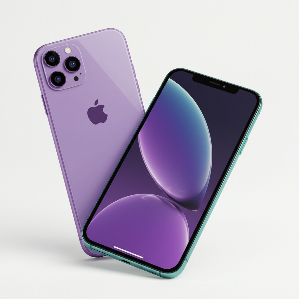 A purple iPhone 17 Pro model is shown from the back, leaning against a teal iPhone 17 model shown from the front, representing the latest Apple phone leaks.