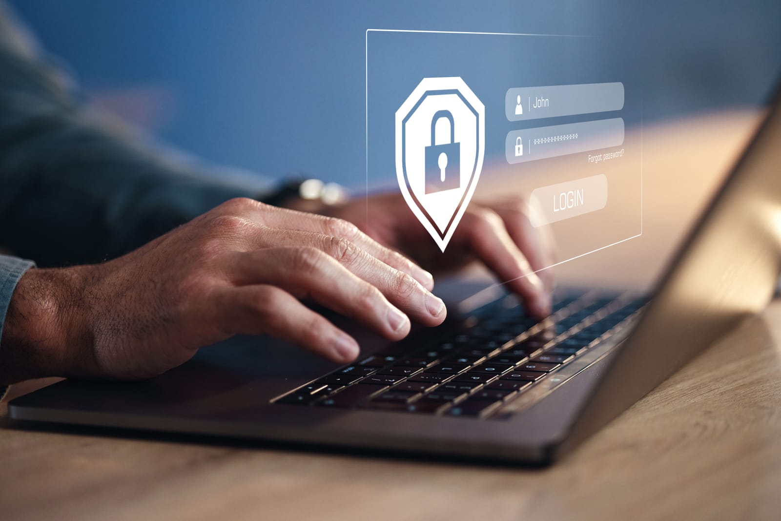 Hands typing on a laptop keyboard with a digital overlay of a secure login screen protected by a padlock shield, illustrating password manager security.