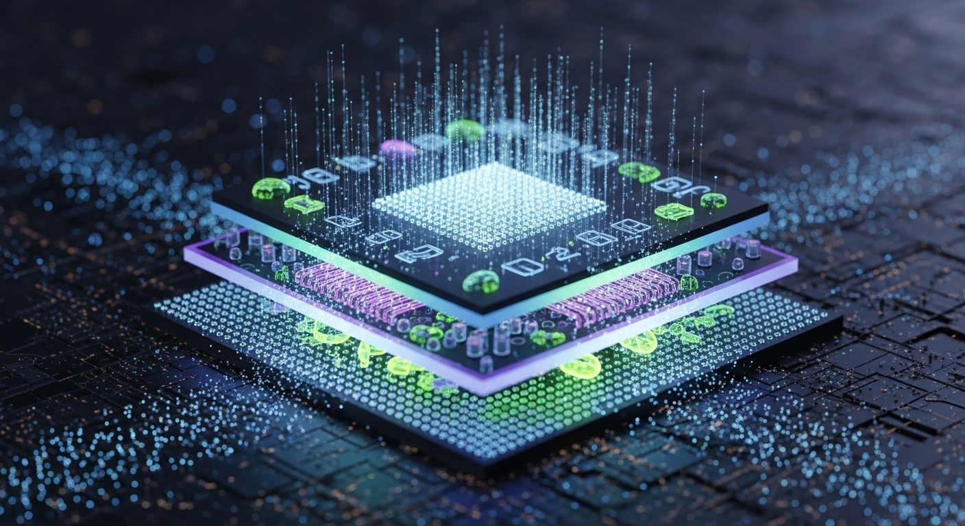 An illustration of a futuristic, multi-layered computer chip, representing advanced concepts like 3D stacking and chiplets that mark life after Moore's Law.
