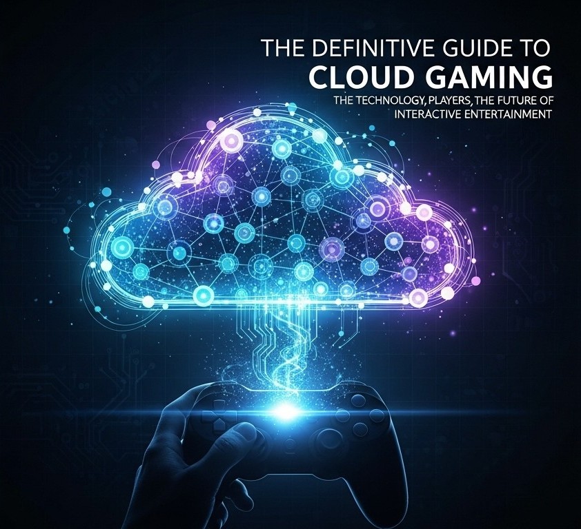 The definitive guide to cloud gaming, showing a hand holding a controller with a glowing network cloud, representing the future of interactive entertainment.