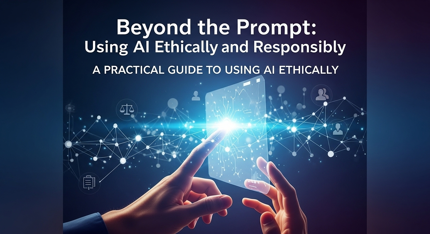 Beyond the Prompt: A practical guide to using AI ethically and responsibly, showing hands interacting with a futuristic data network.