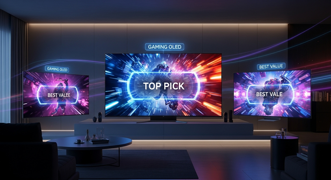 A holiday 2025 gaming TV buying guide, showing three TVs in a modern living room with the center screen labeled 'Top Pick' and the side screens labeled 'Best Value'.