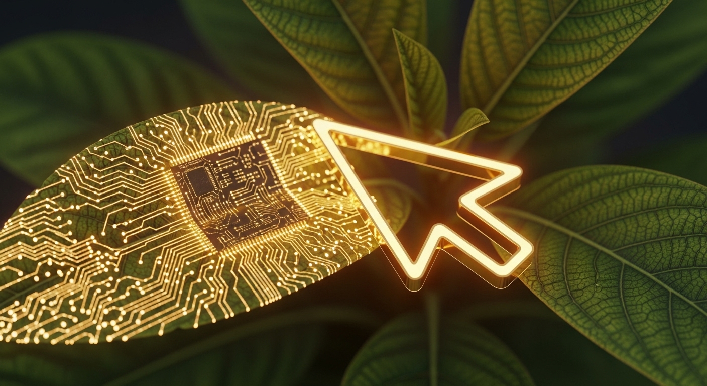 A glowing golden cursor touches a green leaf, transforming it into a golden circuit board, illustrating the King Midas problem in AI alignment.