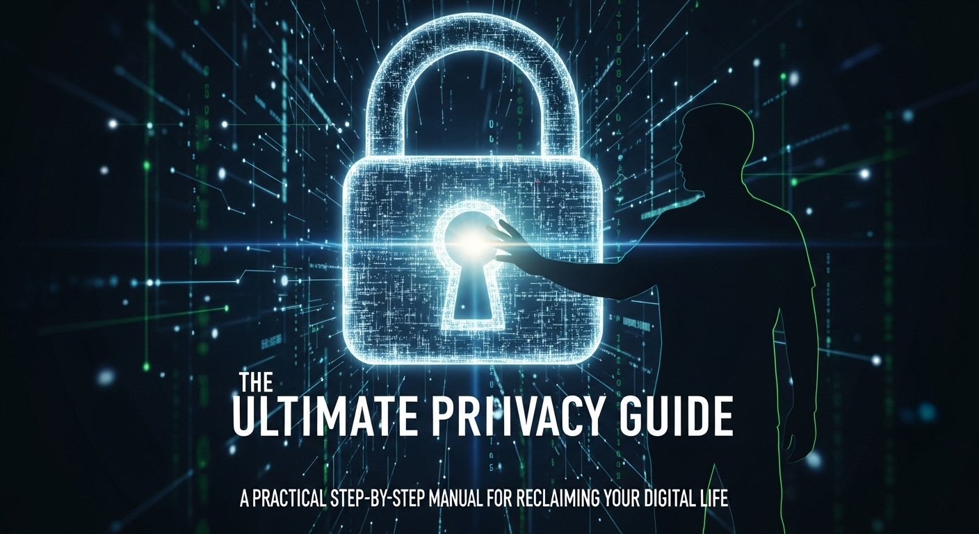 The Ultimate Privacy Guide, showing a person touching a glowing digital padlock, representing a step-by-step manual for reclaiming your digital life.