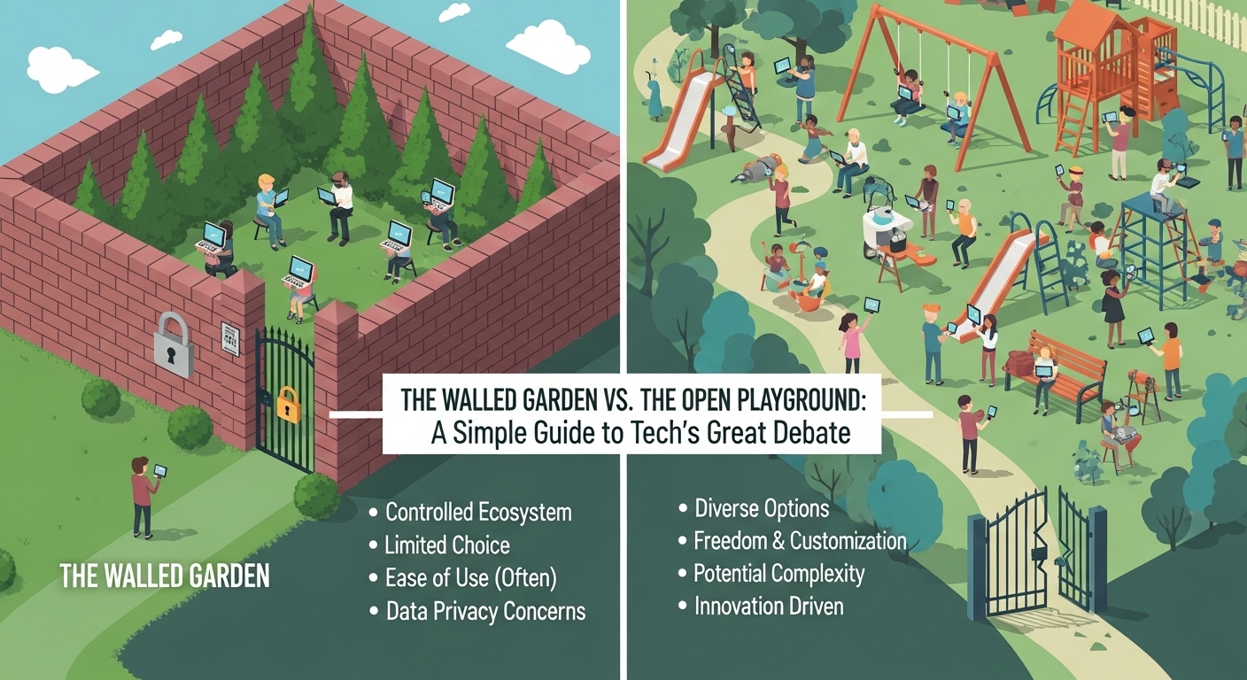 An infographic comparing a "walled garden" (closed ecosystem) on the left with an "open playground" (open ecosystem) on the right, illustrating the differences in control, choice, and freedom in technology.