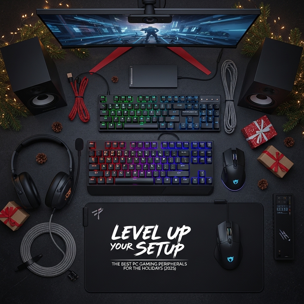Level Up Your Setup: The best PC gaming peripherals for the holidays (2025), showing a festive flat-lay of a keyboard, mouse, headset, and monitor.