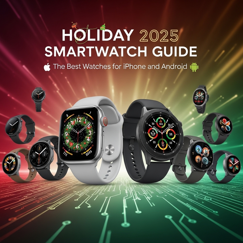 A holiday 2025 guide to the best smartwatches, showing a festive arrangement of Apple Watches, Samsung Galaxy Watches, and Fitbits with gift boxes.