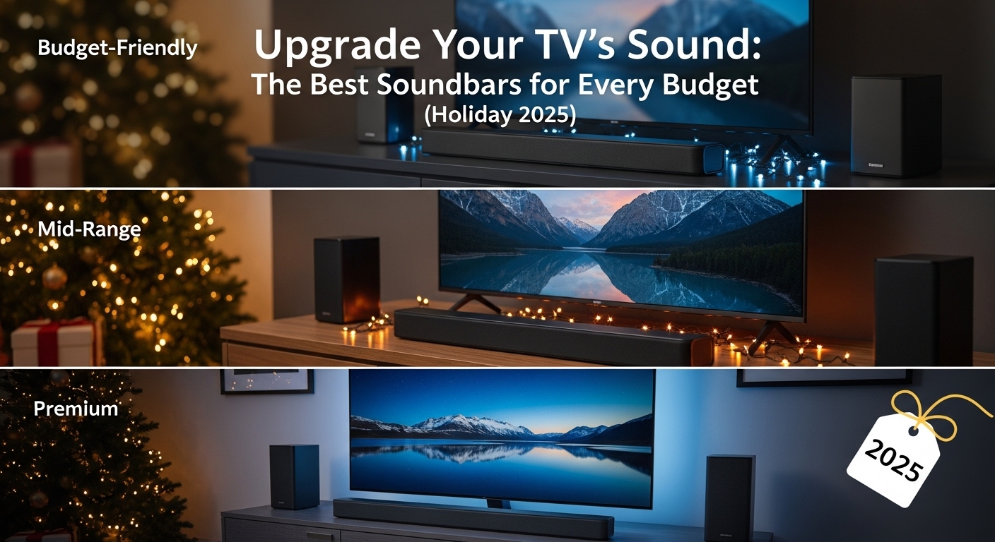 A holiday 2025 guide to the best soundbars for every budget, showing premium, mid-range, and budget-friendly options in festive living room settings.