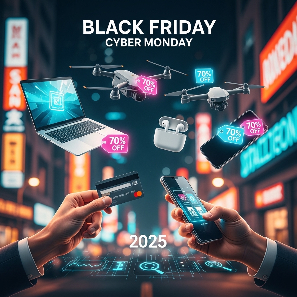 A graphic for Black Friday Cyber Monday 2025, showing hands holding a credit card and smartphone. Floating tech deals, including a laptop, drones, and earbuds, are marked with 70% off tags in a neon city setting, illustrating the article's tech deal strategy.