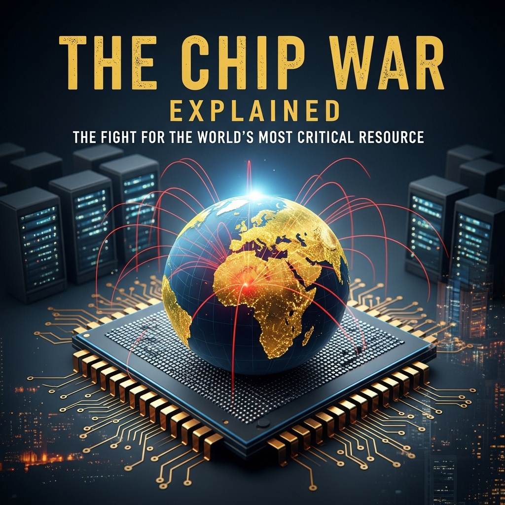 The Chip War Explained: The Fight for the World's Most Critical Resource, showing a globe on a computer chip, representing the global conflict over semiconductors.