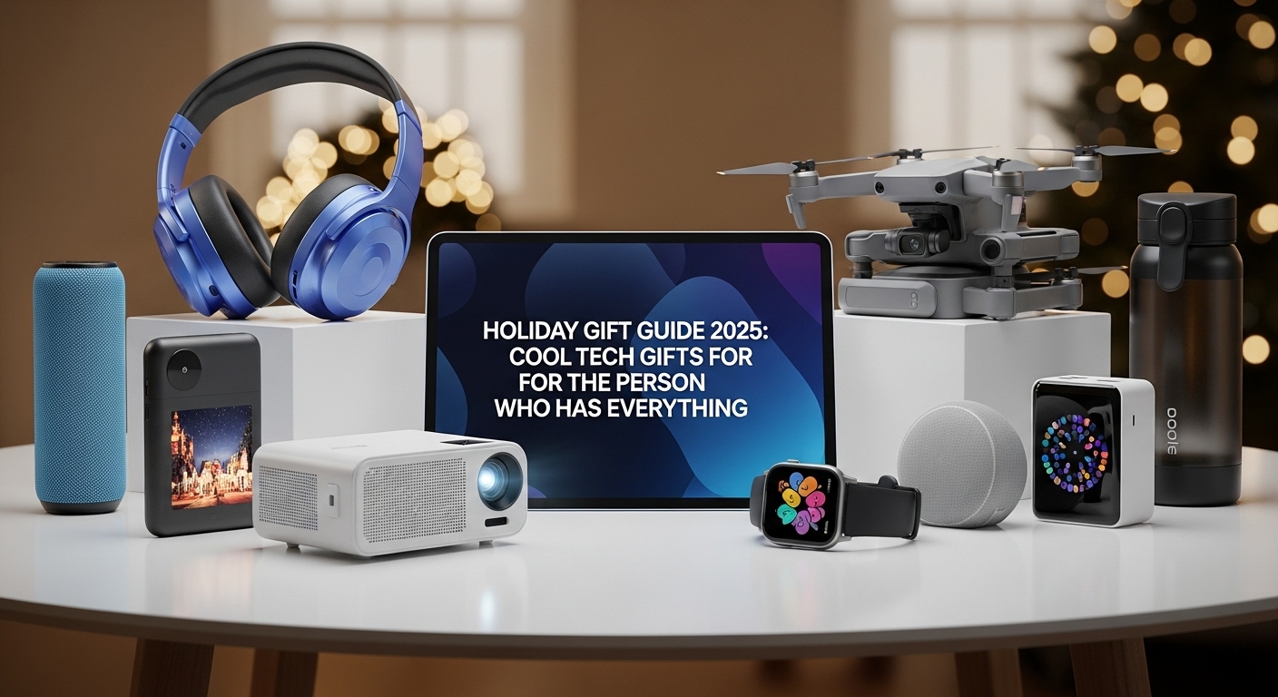 A holiday gift guide for 2025 showing a collection of cool tech gifts for the person who has everything, including headphones, a projector, and a drone.