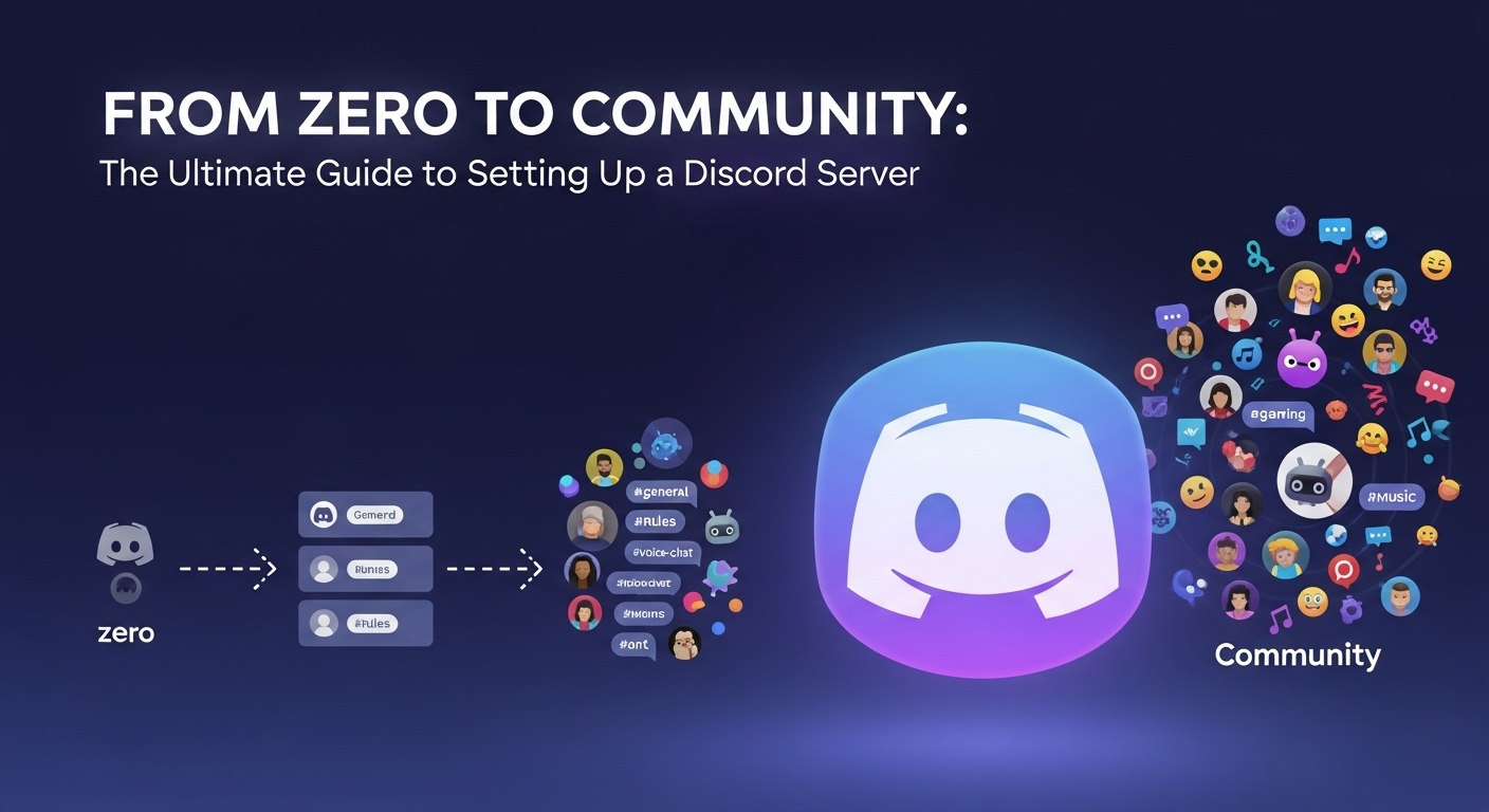 From Zero to Community: The Ultimate Guide to Setting Up a Discord Server, showing the progression from a single icon to a full community.