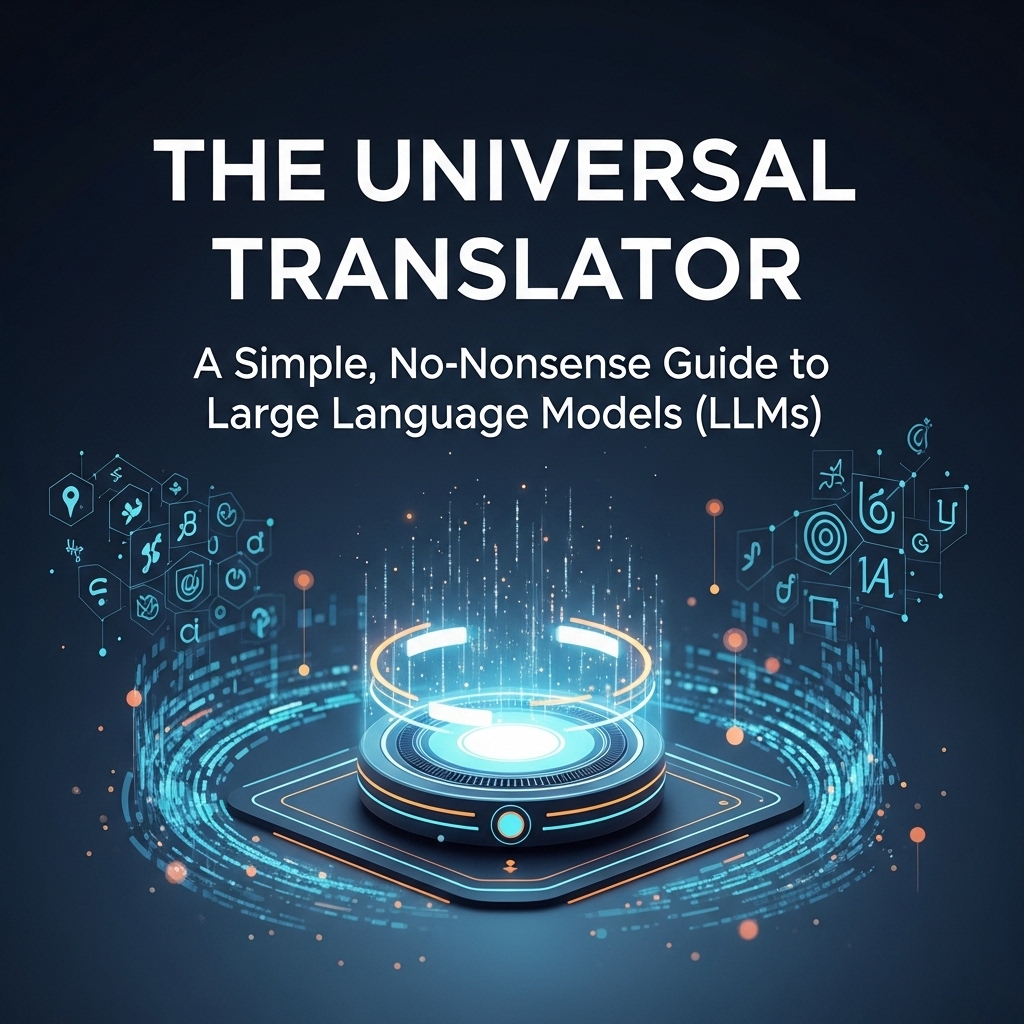 The Universal Translator: a guide to Large Language Models (LLMs), showing a glowing digital brain made of circuits and data, representing how AI works.